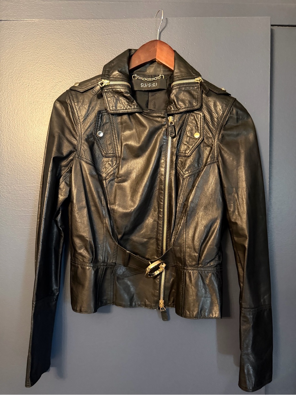 Gucci Women's Black Leather Biker Jacket with Gold Hardware